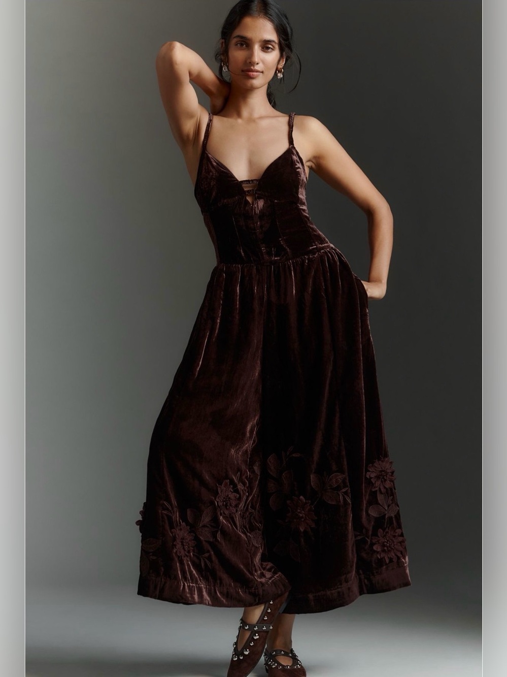 Velvet Spaghetti-Strap jumpsuit in Deep Brown